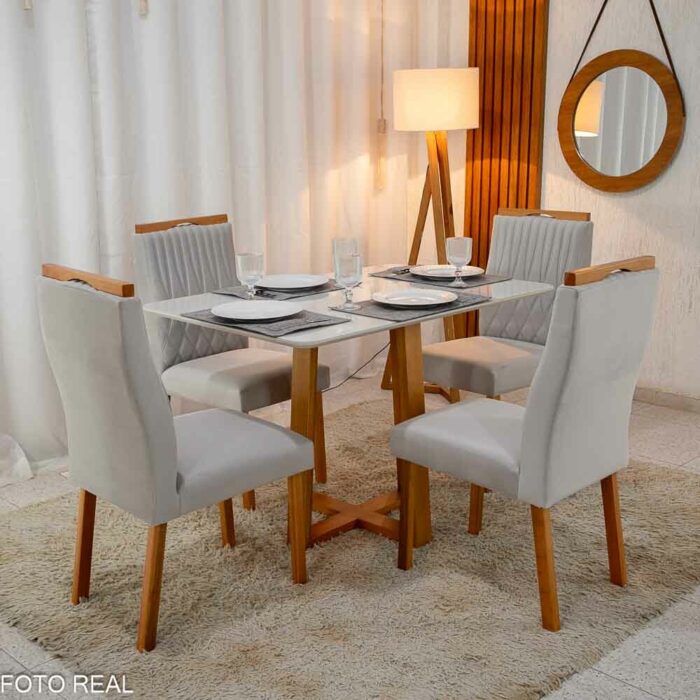 Mesa Pedro Mel Vidro OFF 120×80 4 Cadeiras Genova Veludo Prata 514 Madeira Maciça Art Assento - Entregue Montada - Imagem 2