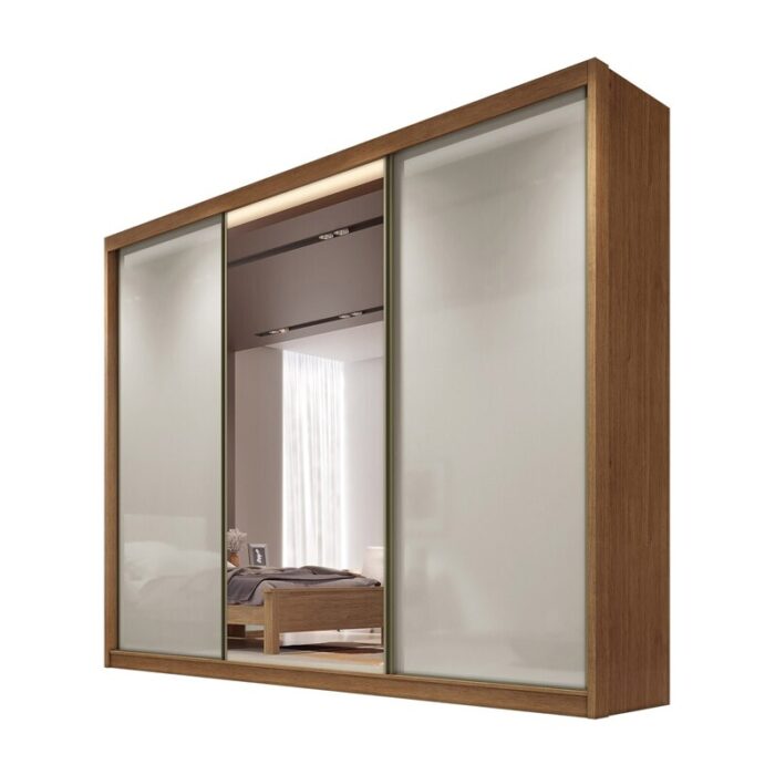 Roupeiro Casal Diamond Plus Cumaru/Fendi Fosco 3 Portas 8 Gavetas C/ 1 Espelho 100% MDF Larg. 2.41m - Novo Horizonte - Imagem 3