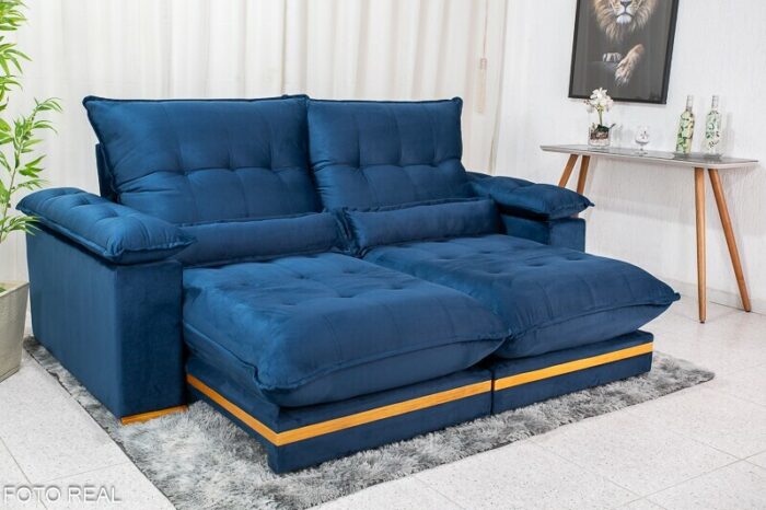 Sofá Retrátil Reclinável Ibis 2.50m Veludo Azul 800 - D33 e Molas Ensacadas - Imagem 2