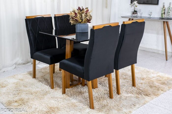 Mesa de Jantar Pedro Mel Vidro Preto 90×90 4 Cadeiras Lisboa Veludo Preto 504 Madeira Maciça Art Assento - Entregue Montada - Imagem 3