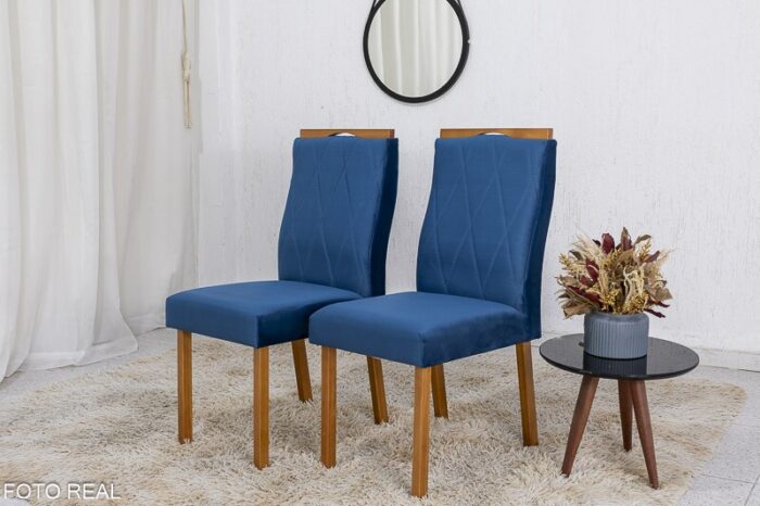 2 Cadeiras Lisboa Veludo Azul 503 Madeira Maciça Art Assento - Entregue Montada