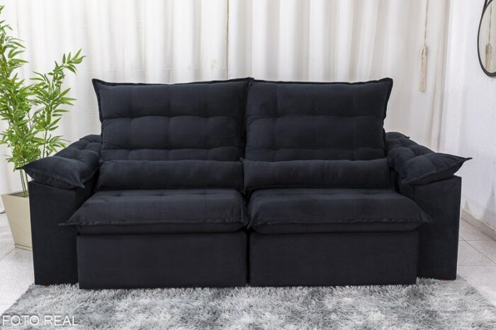Sofá Retrátil Reclinável Emanuelly 2.30m Veludo Preto 21 - D28 Soft - Imagem 5