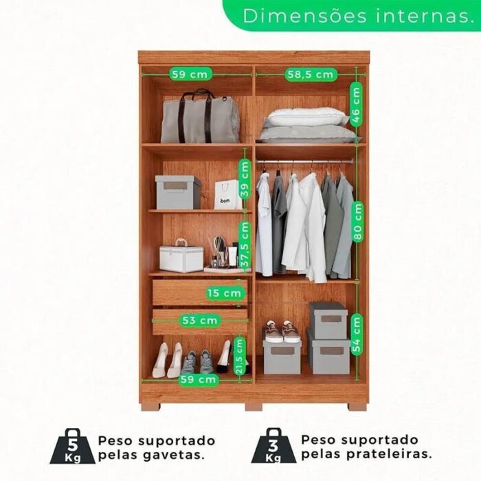 Roupeiro Solteiro Recife Cinamomo/Off 4 Portas 2 Gavetas C/Pés Larg. 1.21m - Sallêto - Imagem 3