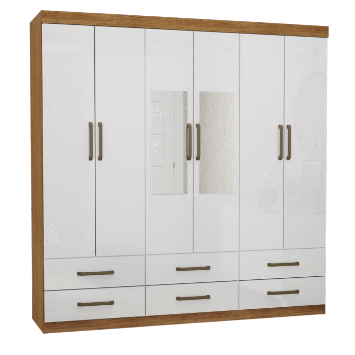 Guarda-Roupa 6 Portas(Com Espelho/Sem Pés)Dallas 1,53 m Cinamono/Branco – CARIOCA MÓVEIS - Imagem 2
