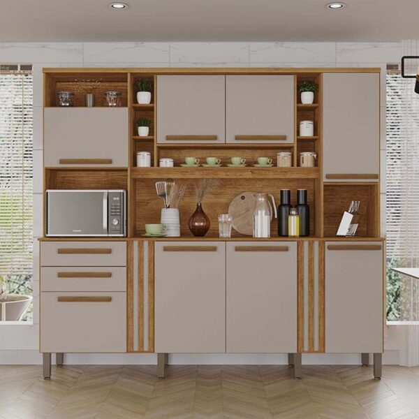 Armário Cozinha Acácia Cinamomo/Off 8 Portas 2 Gavetas Larg. 2.18m - Sallêto