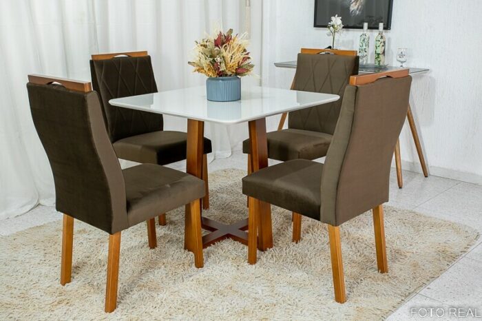 Mesa de Jantar Pedro Mel Vidro Off 90×90 4 Cadeiras Lisboa Veludo Marrom 509 Madeira Maciça Art Assento - Entregue Montada - Imagem 3