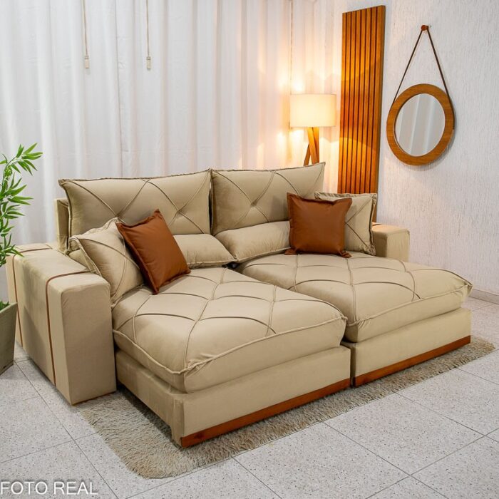 Sofá Retrátil Reclinável Gran Bello 2.50m Veludo Bege 01 - D33 e Molas Ensacadas Pocket - Imagem 3