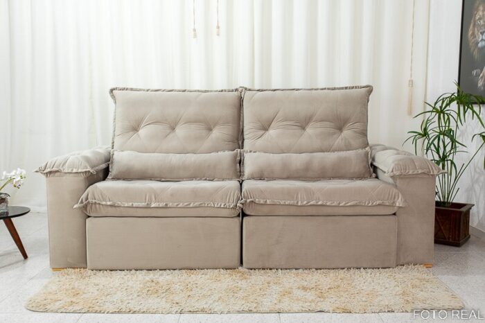 Sofá Retrátil Reclinável Califórnia 2.50m Veludo Bege 525 - D28 Hiper soft - Imagem 5