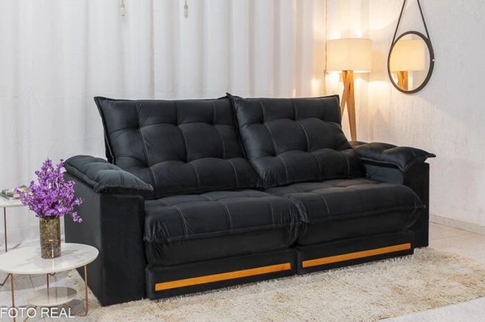 Sofá Retrátil Reclinável Barcelona 2.50m Veludo Preto 322 - D33 e Molas Ensacadas - Imagem 2