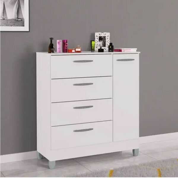 Cômoda com 1 Porta 4 Gavetas Branco Larg. 0.86m - Poquema