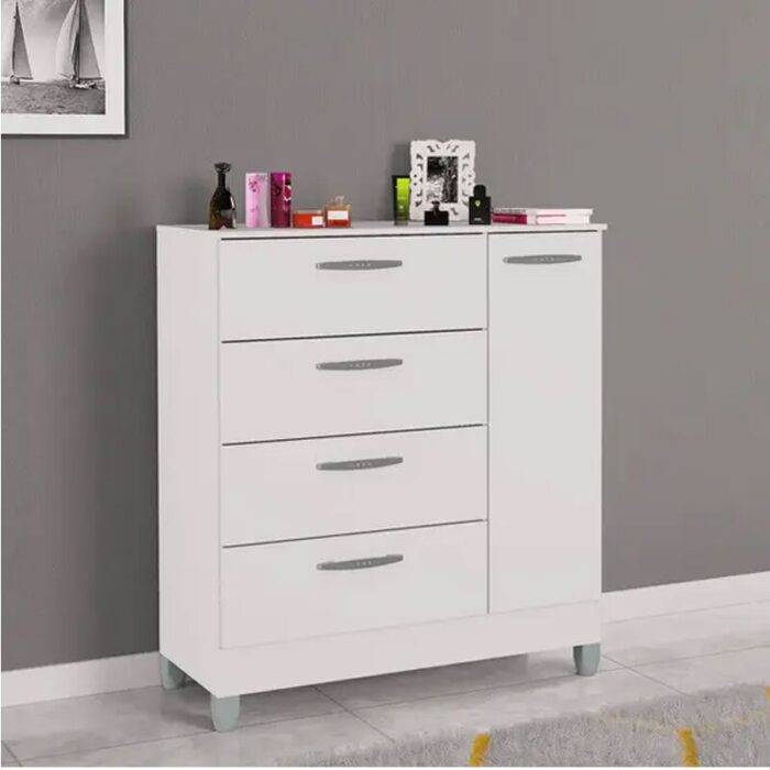 Cômoda com 1 Porta 4 Gavetas Branco Larg. 0.86m - Poquema