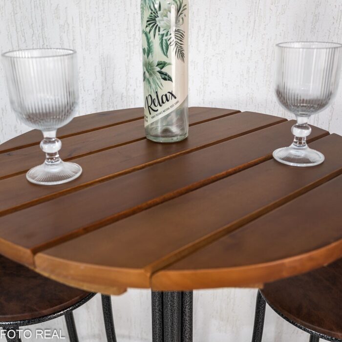 Mesa de Varanda Alta Goiás Tampo de Madeira Redonda + 2 Banquetas Panamá Marrom/Carvalho - Tubulares Teixeira - Imagem 4
