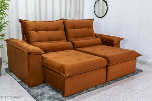 Sofá Retrátil Reclinável Emanuelly 2.00m Veludo Terracota 24 - D28 Soft e Molas bonnel