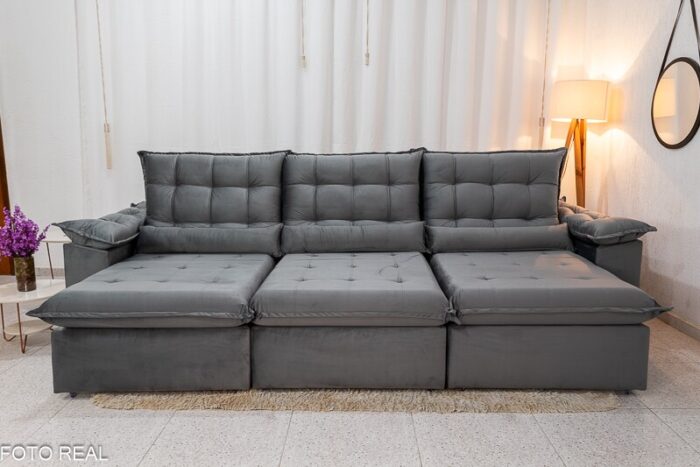 Sofá Retrátil Reclinável Emanuelly 3.20m Veludo Cinza 20 - D28 Soft - Imagem 4