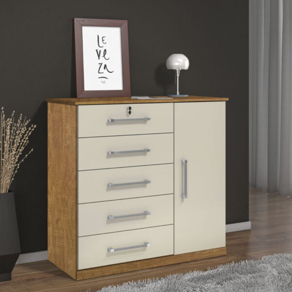 Cômoda Vane 012 Cinamomo/Off 5 Gavetas 1 Porta Larg. 0.92m - JL Móveis