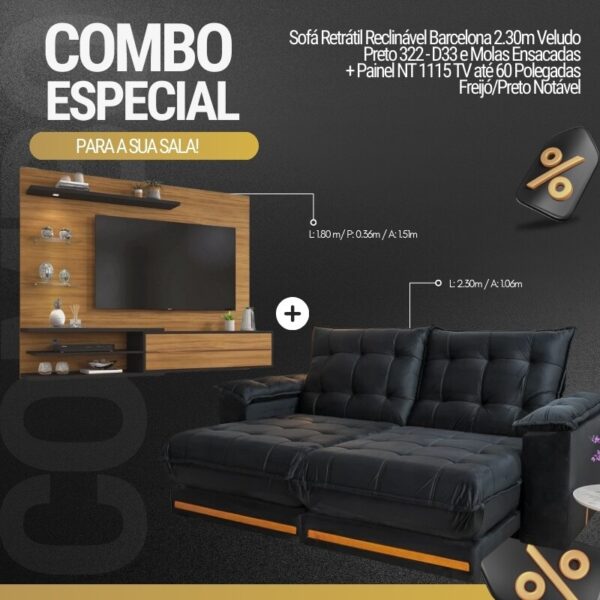 Sofá Retrátil Reclinável Barcelona Veludo Preto 322 Larg. 2.30m - D33 e Molas Ensacadas + Painel NT 1115 TV Freijó/Preto TV até 60 polegadas - Notável