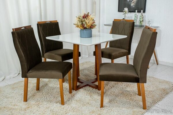 Mesa de Jantar Pedro Mel Vidro Off 90×90 4 Cadeiras Lisboa Veludo Marrom 509 Madeira Maciça Art Assento - Entregue Montada