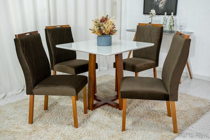 Mesa de Jantar Pedro Mel Vidro Off 90×90 4 Cadeiras Lisboa Veludo Marrom 509 Madeira Maciça Art Assento - Entregue Montada