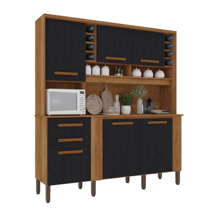 Armário Cozinha Cinamomo/Preto Catar 6 Portas 2 Gavetas Larg. 2.00m - Sallêto - Imagem 3