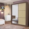Roupeiro Atenas Castanho/Linho 2 Portas C/ 1 Espelho 3 Gavetas Portas Flex 100% MDF Larg. 1.85m - D Doro