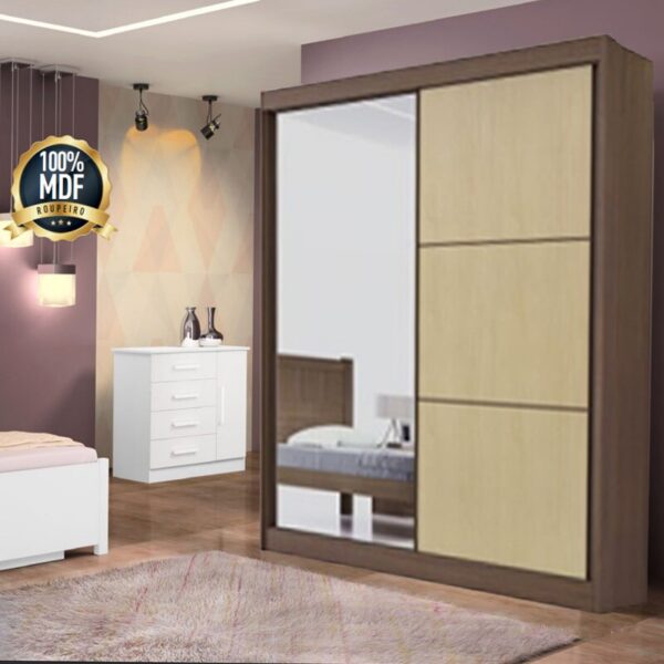 Roupeiro Atenas Castanho/Linho 2 Portas C/ 1 Espelho 3 Gavetas Portas Flex 100% MDF Larg. 1.85m - D Doro