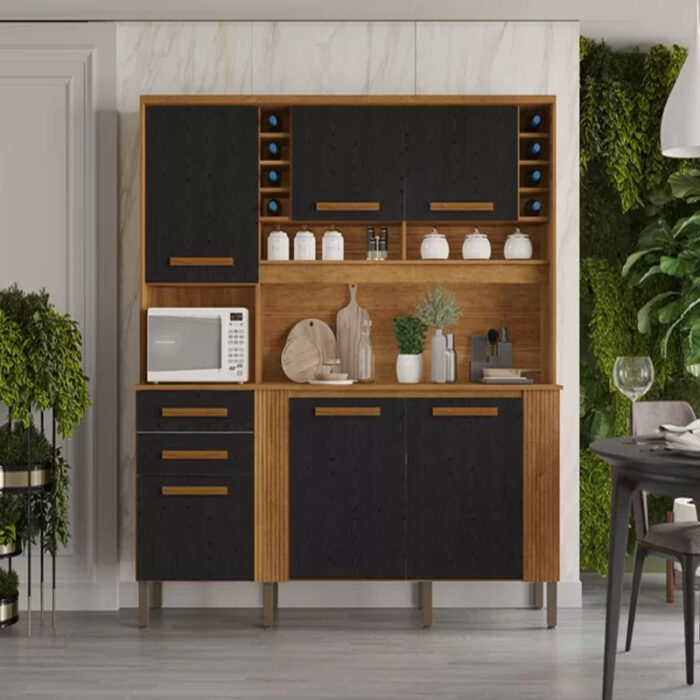 Armário Cozinha Cinamomo/Preto Catar 6 Portas 2 Gavetas Larg. 2.00m - Sallêto