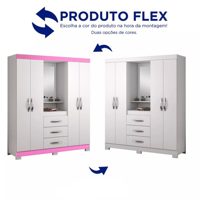 Roupeiro Solteiro NT 5015 Branco/Rosa 4 portas 3 Gavetas Flex C/Pés Larg. 1.61m - Notável - Imagem 4