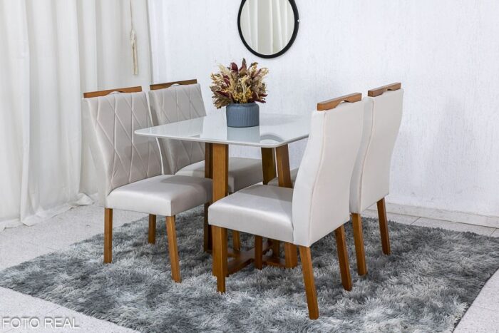 Mesa de Jantar Pedro Mel Vidro Off 90×90 4 Cadeiras Lisboa Veludo Bege 512 Madeira Maciça Art Assento - Entregue Montada - Imagem 2