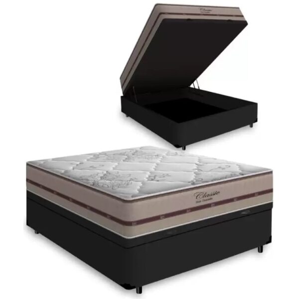 Colchão Casal Classic Ensacadas AG D70 Bege + Base Baú Biostar Preto - ANJOS + BIOSTAR