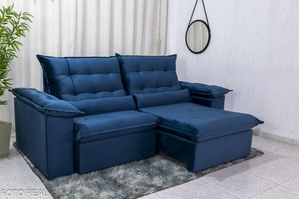 Sofá Retrátil Reclinável Emanuelly 2.00m Veludo Azul 03 D28 Soft