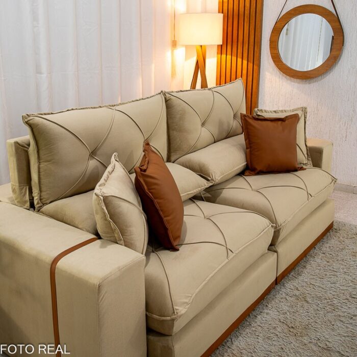 Sofá Retrátil Reclinável Gran Bello 2.50m Veludo Bege 01 - D33 e Molas Ensacadas Pocket - Imagem 7