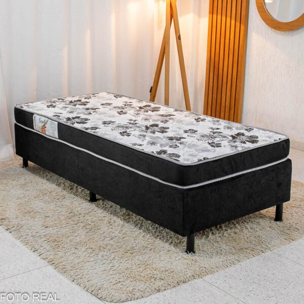 Box Solt. Sued Preto Nosso Sonho + Colchão Solt. Santé 100% Espuma D33 88x188x51 Nosso Sonho