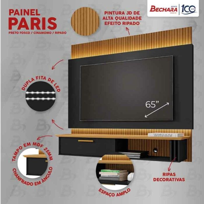 Painel Paris Preto/Cinamomo 3D C/ Led TV até 65 Polegadas Larg. 1.60m - Bechara - Imagem 4