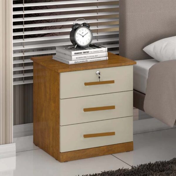 Mesa de Cabeceira 011 Luxo Cinamomo/Off 3 Gavetas Larg. 0.45m - JL Móveis