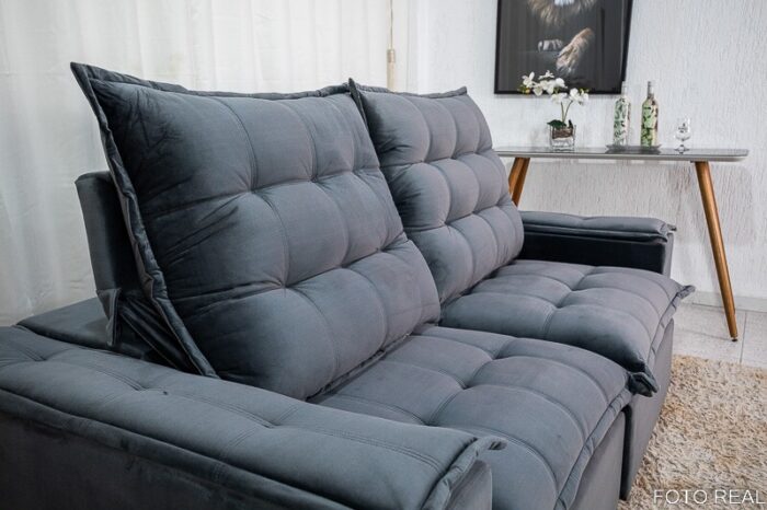 Sofá Retrátil Reclinável Atenas 2.10m Veludo Cinza 814 - D33 e Molas Ensacadas - Imagem 3
