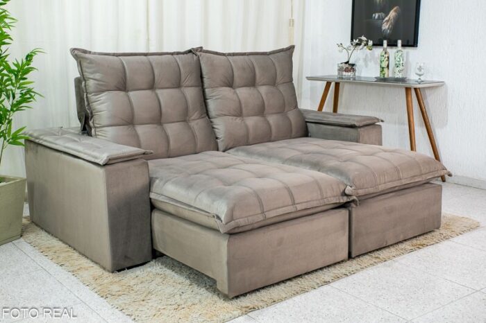 Sofá Retrátil Reclinável Atenas 2.10m Veludo Cinza 813 D33 e Molas Ensacadas - Imagem 6