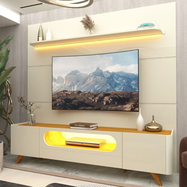 Painel até 85″ Royal 220 Off White + Rack Nobre 210 (Pés de Madeira) Off White/Naturale – GELIUS