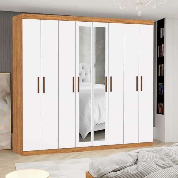 Guarda-Roupa 8 Portas Rubi 2,08 m(Com Espelho)Cinamono/Branco - CARIOCA MÓVEIS