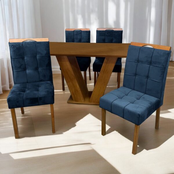 Mesa Classic 120 Cinamomo Laminado com 4 Cadeiras Sophia Mel/Veludo Azul – CEL MÓVEIS + WM DECOR