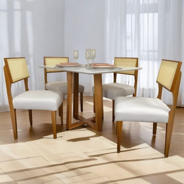 Mesa Bali 90 Cinamono/Off White com 4 Cadeiras Grécia Linho Bege – MINASPLAC + HR MOVELARIA