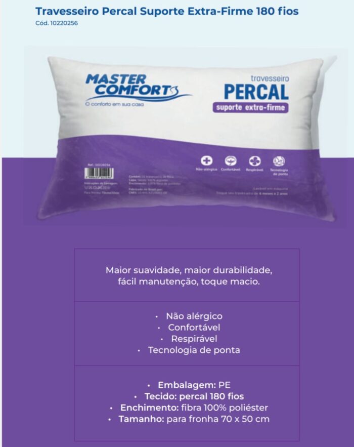 Travesseiro Fibra Percal Suporte Extra Firme - PILLOWTEX COLCHÕES - Imagem 2