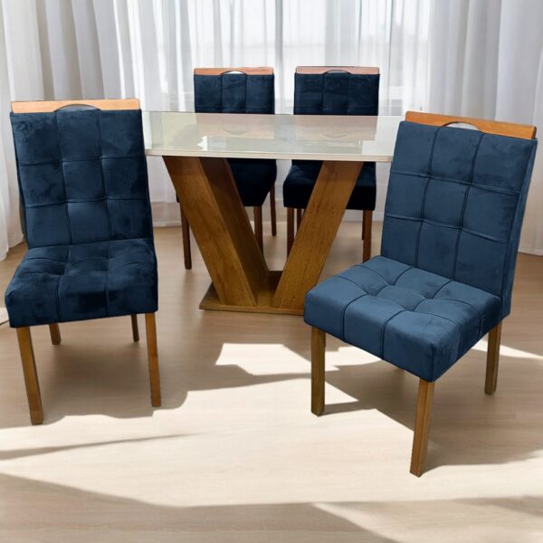 Mesa Classic 120 Cinamomo/Off White com 4 Cadeiras Sophia Mel/Veludo Azul – CEL MÓVEIS + WM DECOR