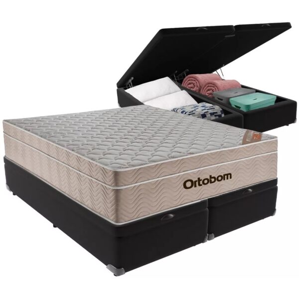 Colchão Queen Airtech Springpocket + Base Box Baú Preto – ORTOBOM + AVALON COLCHÕES