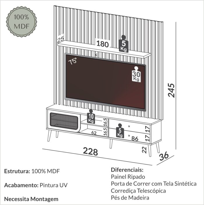 Painel + Rack até 75" TB346F Freijó - DALLA COSTA - Imagem 3