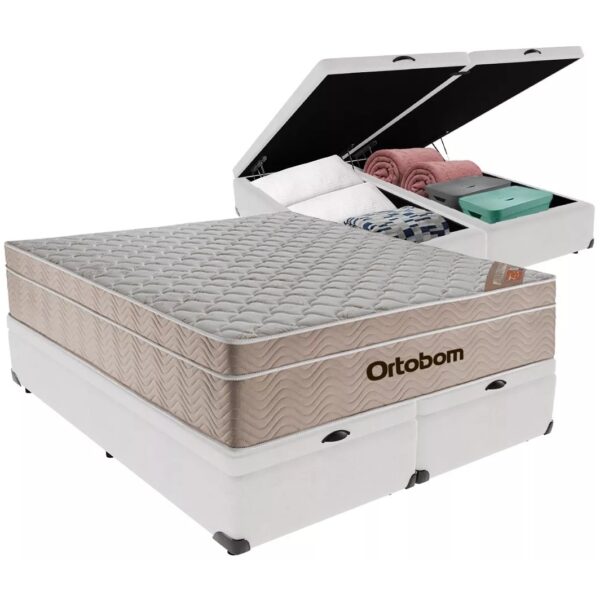 Colchão Queen Airtech Springpocket + Base Box Baú Branco – ORTOBOM + AVALON COLCHÕES