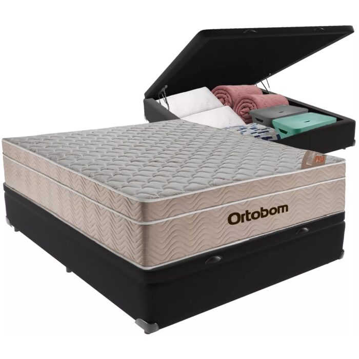 Colchão Casal Airtech Springpocket + Base Box Baú Preto – ORTOBOM + BIOSTAR