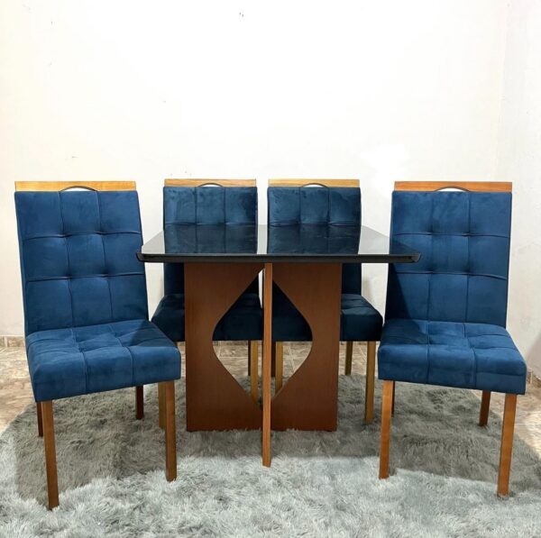 Mesa Madri 90x90 Cinamono/Preto com 4 Cadeiras Sophia/Capri Veludo Azul – MINASPLAC + WM DECOR