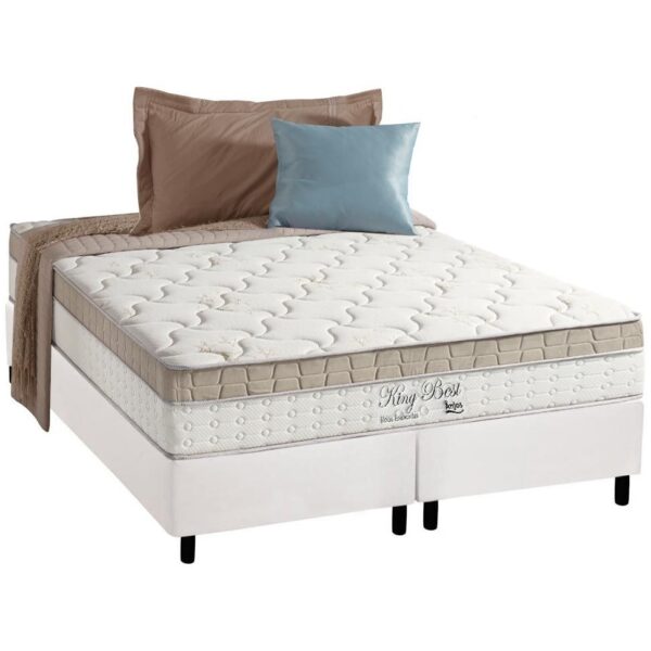 Colchão Queen King Best D28 + Base Box Simples Corino Branco – ANJOS COLCHÕES + BIOSTAR