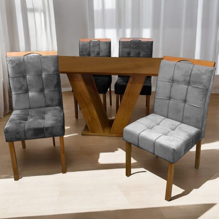 Mesa Classic 120 Cinamomo Laminado com 4 Cadeiras Sophia Mel/Veludo Cinza Grafite – CEL MÓVEIS + WM DECOR