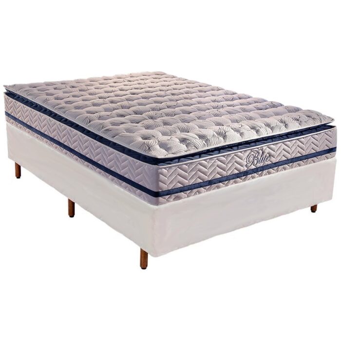 Colchão Casal Blue D33 + Base Box Simples Corino Branco – PAROPAS + ALTO NÍVEL CAMAS E COLCHÕES